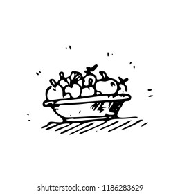 Hand drawn basket of apples doodle icon. Hand drawn black sketch. Sign symbol. Decoration element. White background. Isolated. Flat design. Vector illustration.