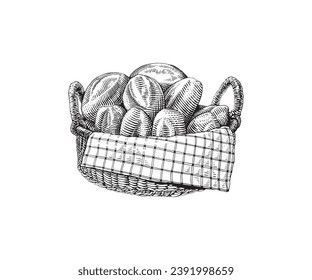 Hand drawn basket with bread. Vector illustration in vintage engraving style.