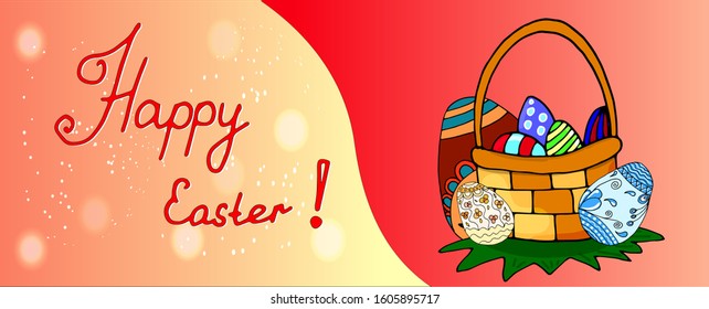 Hand drawn basket with colored eggs on a colorful background. Christ is risen. Vector. Spring holiday card. Ideal for coloring, printing, postcards.