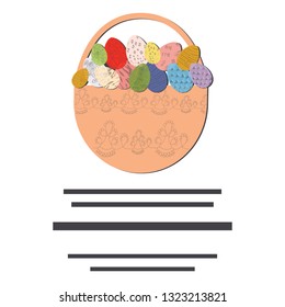 Hand drawn basket with Easter decorated eggs. Text frame vector illustration isolated on white background. 