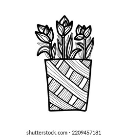Hand drawn basket with flowers in doodle style