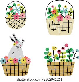 Hand drawn basket with flowers set. Vector illustration.