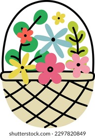 Cesta dibujada a mano con flores. Ilustración vectorial.