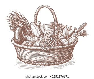 Cesta hecha a mano llena de verduras frescas. Alimentos orgánicos de granja. Esbozar ilustración vectorial vintage