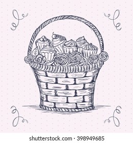 Hand drawn basket full of roses and cupcakes