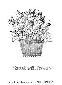 Hand drawn basket full of various flowers on white background.