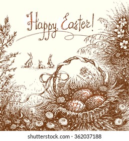 Hand Drawn basket with Holiday eggs in the grass near  Bunnies. Happy Easter Greeting Card. Vector sketch.