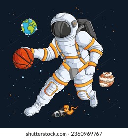 Hand drawn Basketball astronaut in spacesuit doing dribbling move over space rocket and planets 