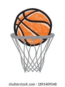 Hand Drawn Basketball Ball in Basket. Vector Icon