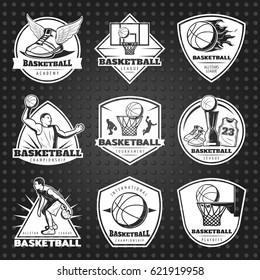 Hand drawn basketball emblems set with sportsmen game equipment trophy on dark dotted background isolated vector illustration 