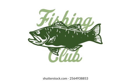 Hand drawn bass fish silhouette with fishing club text. Ideal for fishing, outdoor, or nature-focused branding. Eye-catching and versatile.