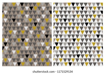 Hand Drawn Bastract Triangles Vector Patterns. Irregular Infantile Design. Dark Beige and Off White Backgrounds. Black, Grey, White and Yellow Triangles. Grunge Layout.
