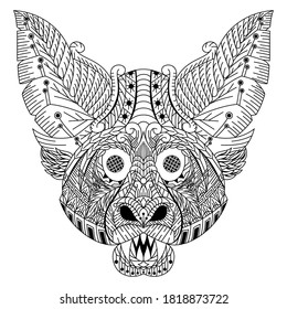 Hand drawn of bat head in zentangle style