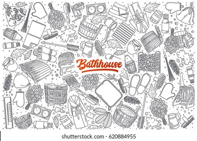 Hand drawn Bathhouse doodle set background with red lettering in vector