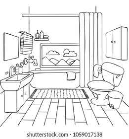 Hand drawn bathroom for design element and coloring book page for kids and adult. Vector illustration.