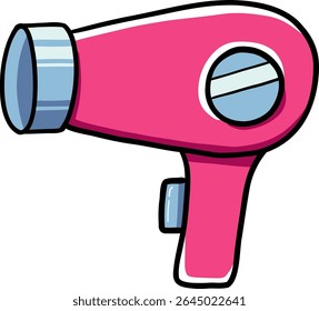 Hand drawn Bathroom elements doodle, Cartoon-style pink hairdryer with a blue nozzle and handle.