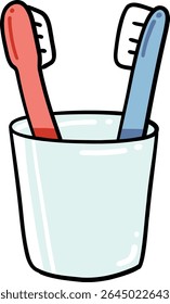 Hand drawn Bathroom elements doodle, Two toothbrushes in a cup for dental hygiene.