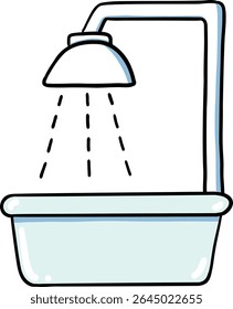 Hand drawn Bathroom elements doodle, Showerhead over a bathtub with flowing water droplets.