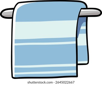 Hand drawn Bathroom elements doodle, Blue striped towel hanging on a rack.