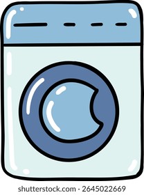 Hand drawn Bathroom elements doodle, Cartoon-style washing machine with a blue and white design.