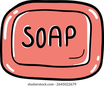Hand drawn Bathroom elements doodle, Illustration of a pink soap bar with the word "SOAP" written on it.