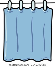 Hand drawn Bathroom elements doodle, Blue shower curtain hanging on a rod with clips.