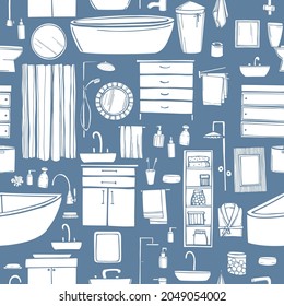 Hand drawn  bathroom furniture, plumbing, shower accessories. Vector  seamless pattern. 