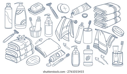 Hand drawn bathroom hygiene and personal care accessories set. Soap, toothbrush, toothpaste, dispenser and towels. Blue and white illustration.
