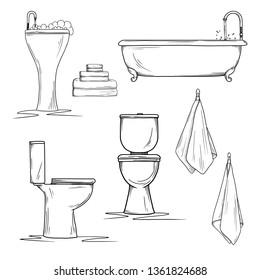 Hand drawn bathroom interior elements. Toilet and washbasin, bath and towels. Vector