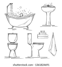 Hand drawn bathroom interior elements. Toilet and washbasin, bath and towels. Vector