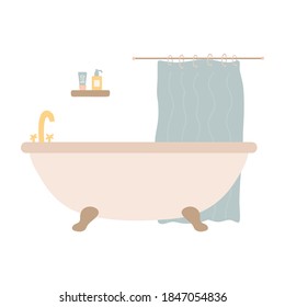 El interior del cuarto de baño está dibujado a mano. Decoración casera. Acogedor y moderno apartamento. Cuidados personales diarios, procedimientos de higiene. Organización de baños. Rutina matutina. Ilustración del vector plano.