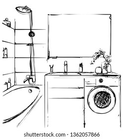 Hand drawn Bathroom. Interior sketch. Home furniture