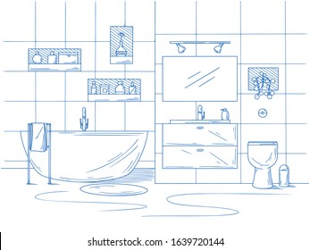 Hand drawn bathroom interior. Sketch bathtubs and other bathroom items. Vector illustration in sketch style.