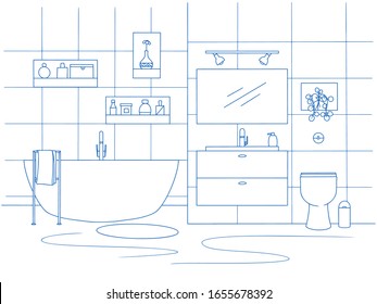 Hand drawn bathroom interior. Sketch bathtubs and other bathroom items. Vector illustration in sketch style.