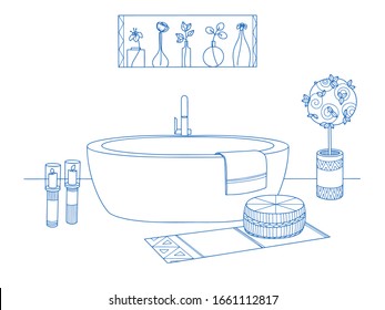 Hand drawn bathroom interior. Sketch bathtubs and other bathroom items. Vector illustration in sketch style.