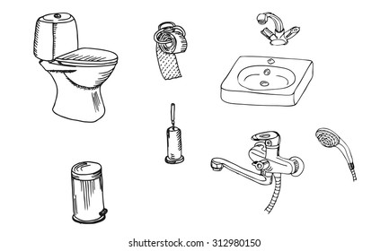 Hand drawn Bathroom set. Toilet bowl and toilet paper, bin, toilet brush, Bathroom mixer, sanitary engineering isolated on white background.