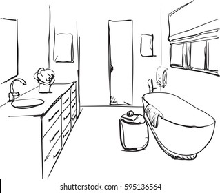 Hand Drawn Bathroom Sketch. Washbasin And Other Furniture