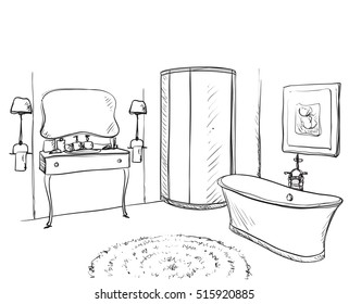 Hand drawn Bathroom. Washbasin, mirror and other furniture