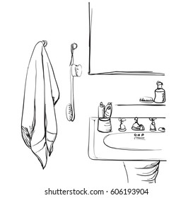 Hand drawn Bathroom. Washbasin and mirror sketch