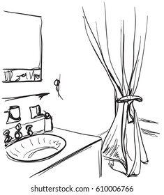 Hand drawn Bathroom. Washbasin, mirror and other furniture