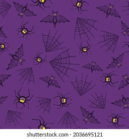 Hand drawn bats, cobwebs and spiders on a colored background.