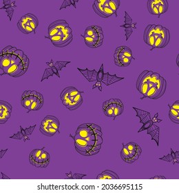 Hand drawn bats, pumpikns on a colored background.