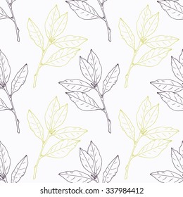 Hand drawn bay leaf and branch stylized black and green seamless pattern. Doodle drawing spicy herbs. Kitchen background. Hand drawn seasoning. Vector illustration