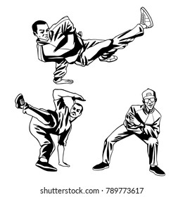 Hand drawn b-boys dancers set vector illustration