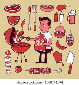 Hand Drawn BBQ Elements Set With Cook