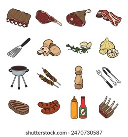 Hand Drawn BBQ Grill Colored Set