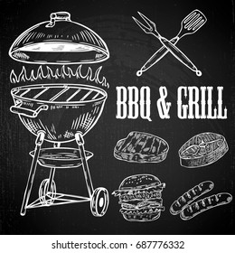 Hand drawn BBQ and Grill design elements. Grilled meat, burger, sausage. Design elements for menu, poster, label, emblem, sign. Vector illustration