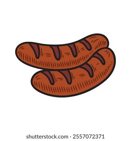 Hand Drawn BBQ Grill Illustration Colored - Sausage