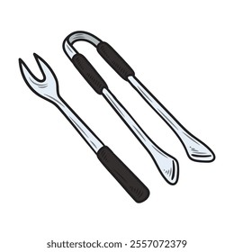 Hand Drawn BBQ Grill Illustration Colored - BBQ Tools