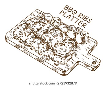 Desenhado à mão churrasco costelas de porco Platter esboço desenho ilustração